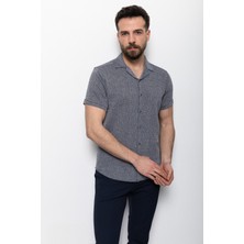 Lacivert Renk Slim Fit Apaç Yaka Kısa Kollu Erkek Gömlek
