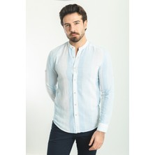 Desenli Mavi Renk Slim Fit Hakim Yaka Uzun Kollu Erkek Gömlek