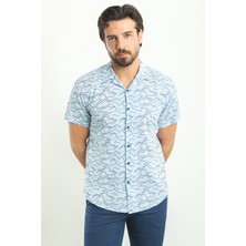 Desenli Mavi Rengi Slim Fit Apaç Yaka Kısa Kollu Erkek Gömlek
