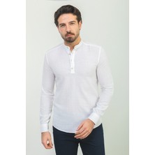 Desenli Beyaz Renk Slim Fit Hakim Yaka Uzun Kollu Erkek Gömlek