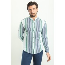 Çizgili Lacivert Renk Slim Fit Hakim Yaka Uzun Kollu Erkek Gömlek