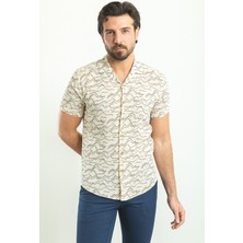 Desenli Bej Rengi Slim Fit Apaç Yaka Kısa Kollu Erkek Gömlek