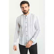 Çizgili Beyaz Renk Slim Fit Hakim Yaka Uzun Kollu Erkek Gömlek