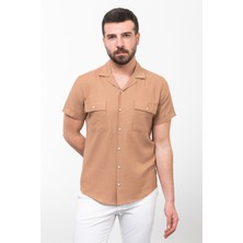 Çizgili Slim Fit Apaç Yaka Kısa Kollu Keten Erkek Gömlek