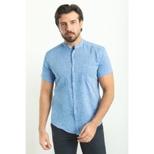 Kırçıllı Saks Rengi Slim Fit Hakim Yaka Kısa Kollu Keten Erkek Gömlek