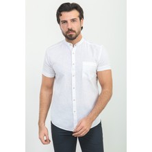 Kırçıllı Beyaz Renk Slim Fit Hakim Yaka Kısa Kollu Keten Erkek Gömlek