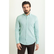 Desenli Mint Yeşil Rengi Slim Fit Uzun Kollu Keten Erkek Gömlek