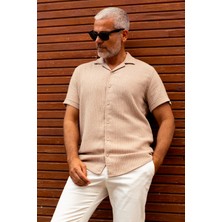 Çizgili Bej Rengi Slim Fit Apaç Yaka Kısa Kollu Erkek Gömlek