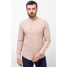 Desenli Bej Rengi Slim Fit Hakim Yaka Uzun Kollu Keten Erkek Gömlek