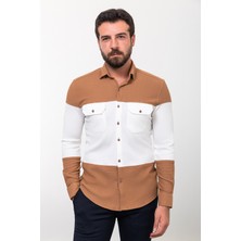 Parçalı Kamel Rengi Slim Fit Uzun Kollu Pamuk Erkek Gömlek