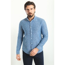 Çizgili Lacivert Renk Slim Fit Uzun Kollu Keten Erkek Gömlek
