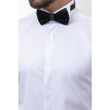 Düz Beyaz Renk Slim Fit Saten Ata Yaka Damatlık Erkek Gömlek