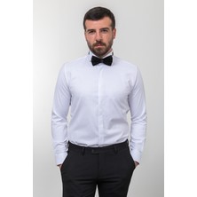 Düz Beyaz Renk Slim Fit Saten Ata Yaka Damatlık Erkek Gömlek