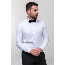 Düz Beyaz Renk Slim Fit Saten Ata Yaka Damatlık Erkek Gömlek