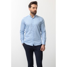 Desenli Mavi Renk Slim Fit Klasik Erkek Gömlek