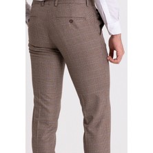 Ekoseli Bej Rengi Slim Fit Klasik Erkek Pantolon