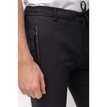 Fermuarlı Cep Siyah Renk Super Slim Fit Beli Lastikli İpli Erkek Pantolon