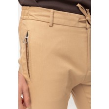 Fermuarlı Cep Bej Rengi Super Slim Fit Beli Lastikli İpli Erkek Pantolon