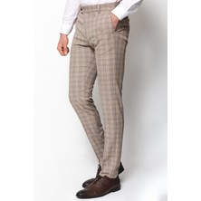 Ekoseli Bej Rengi Super Slim Fit Erkek Pantolon