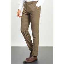 Desenli Haki Rengi Super Slim Fit Yün Erkek Pantolon