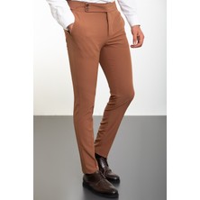 Düz Kamel Super Slim Fit Kemerli Erkek Pantolon