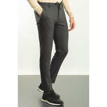 Düz Antrasit Rengi Super Slim Fit Beli Lastikli İpli Erkek Pantolon