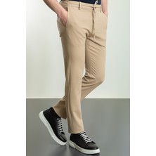 Düz Bej Rengi Super Slim Fit İpli Erkek Pantolon