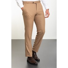 Düz Bej Slim Fit Kemer Detaylı Erkek Pantolon