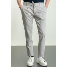 Çizgili Gri Renk Super Slim Fit Pilili İpli Keten Erkek Pantolon