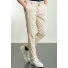 Çizgili Bej Rengi Super Slim Fit Pilili İpli Keten Erkek Pantolon