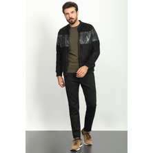 Parça Desenli Siyah Renk Slim Fit Pilot Yaka Erkek Mont