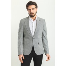 Kareli Lacivert Renk Slim Fit Mono Yaka Keten Erkek Ceket