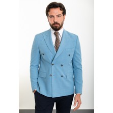 MCR Düz Mavi Renk Slim Fit Mono Yaka Kruvaze Keten Erkek Ceket