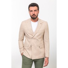 MCR Çizgili Bej Rengi Slim Fit Geniş Yaka Kruvaze Keten Erkek Ceket