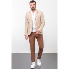 MCR Çizgili Bej Rengi Slim Fit Mono Yaka Keten Erkek Ceket
