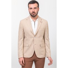 MCR Çizgili Bej Rengi Slim Fit Mono Yaka Keten Erkek Ceket