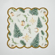 Deco Gold Nakışlı Yılbaşı Coşkusu Desenli Dijital Baskılı, Kenarı Nakışlı Dekoratif Kokteyl Peçeteleri