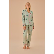 Suwen Panda Gömlek Yaka Pijama Takımı Kadın Yeşil Renk Yumuşak Doku ile Rahatlık Sunar