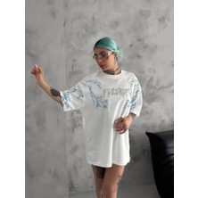 Unisex Bisiklet Yaka Baskılı Oversize T-Shirt - Beyaz