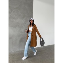 Bondit Kumaş Önü Düğmeli Trençkot - Kahverengi