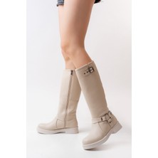 Arda 02-312 Bej Toka Aksesuarlı Fermuarlı Günlük Kadın Çizme
