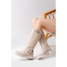 Arda 02-312 Bej Toka Aksesuarlı Fermuarlı Günlük Kadın Çizme