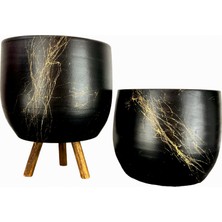 Bitki Tasarımı Siyah Üzeri Gold Mermer Efektli Toprak Saksı Saksılık Salon Çiçeklik Ikili Set Ayaksız - 3 Ayaklı- 19 cm