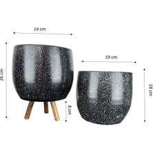 Bitki Tasarımı Ev Dekorasyon Aksesuar Siyah Granit Toprak Saksı Saksılık Salon Çiçeklik İkili Set Ayaksız - 3 Ayaklı- 19 CM