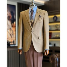 Italyan Stil Slim Fit Kazayağı Desen Erkek Ceket Kahverengi T12626
