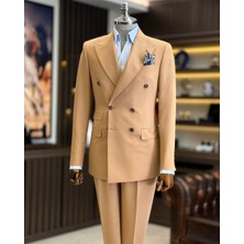 İtalyan Stil Slim Fit Kruvaze Ceket Pantolon Takım Elbise Camel T12603