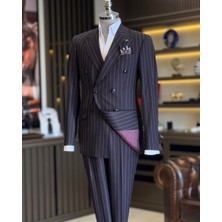 İtalyan Stil Kruvaze Çizgili Ceket Pantolon Takım Elbise Kahverengi T12898