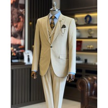 İtalyan Stil Ceket Yelek Pantolon Takım Elbise Bej T12819