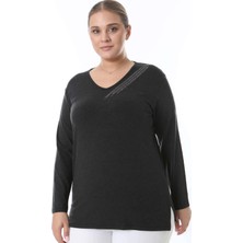 Kasın Büyük Beden Örme Yakası Taş Detaylı BLUZ-BGB28