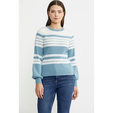 Çizgi Detaylı Yünlü Triko Kazak - Mavi